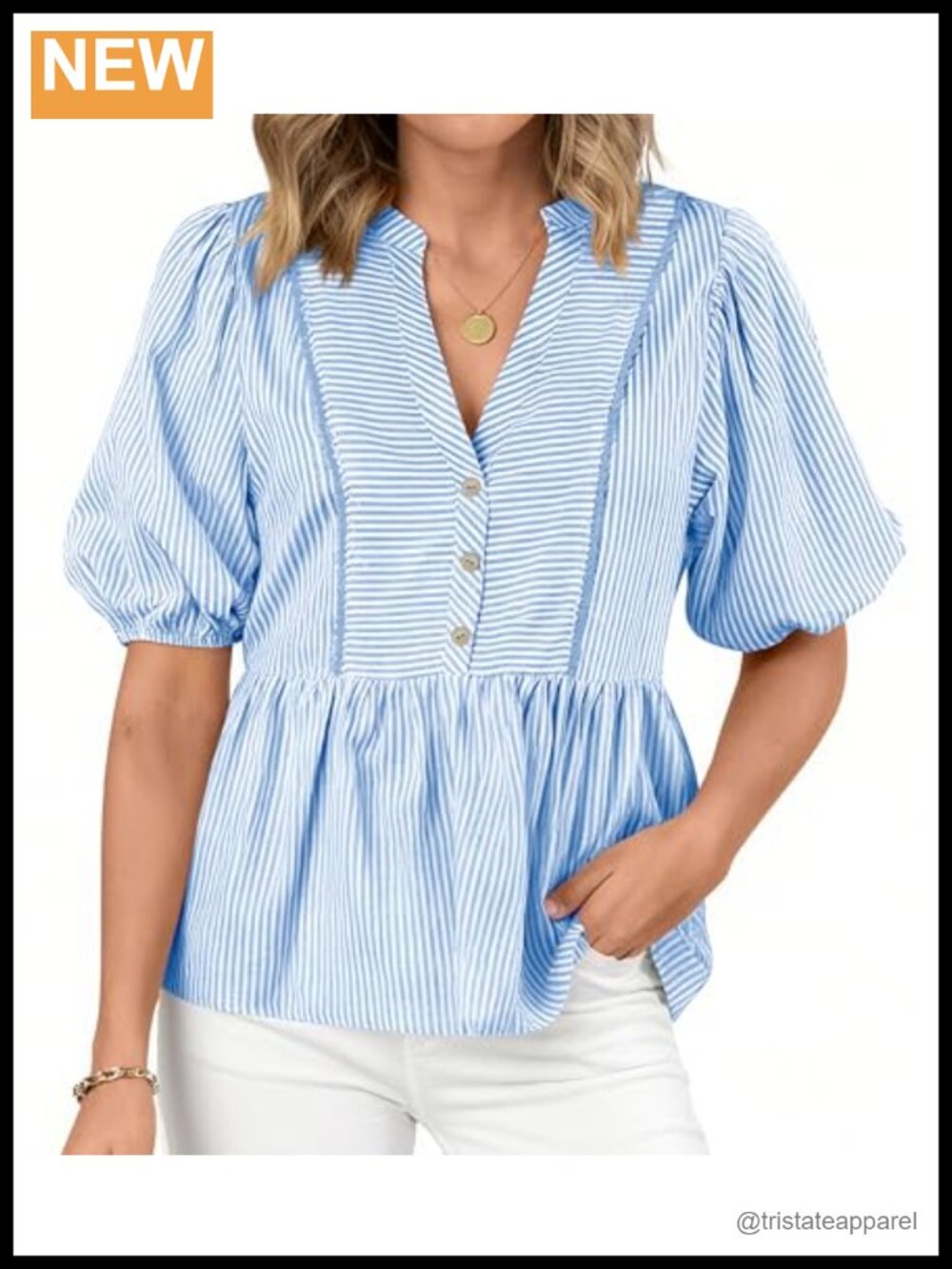 Women's Lantern Sleeve Button Up Striped Babydoll Blouse Loose Fit